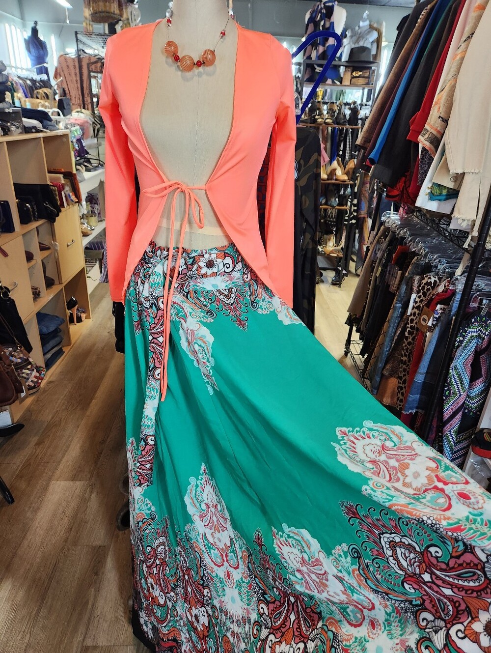 Women's Teal Paisley Maxi Skirt with Coral Tie-Front Top